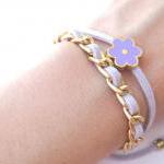 Gold chain double wrap daisy bracelet in lavender