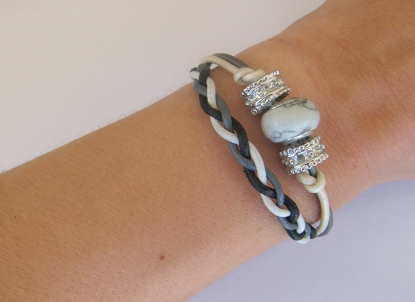 Cosy line beaded and braided bracelets, white and grey, set of 2, european gemstone bead