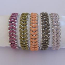 Fashion Braided Silver Chain Bracelet, Suede Cord in olive, peach, violet, dove grey, or lavender CHOOSE your color