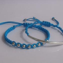Bright Sea Blue satin Beaded Friendship Bracelets Playful Summer Fun SET OF TWO