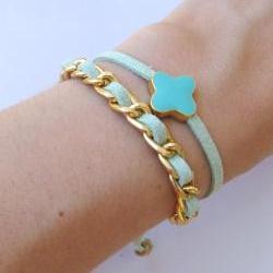 Gold chain double wrap summer bracelet in mint green turquoise crosslet
