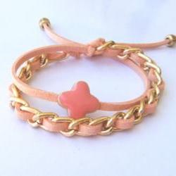 Coral Peach Pastel Double Wrap Summer Bracelet Gold Chain Coral Crosslet July Trend